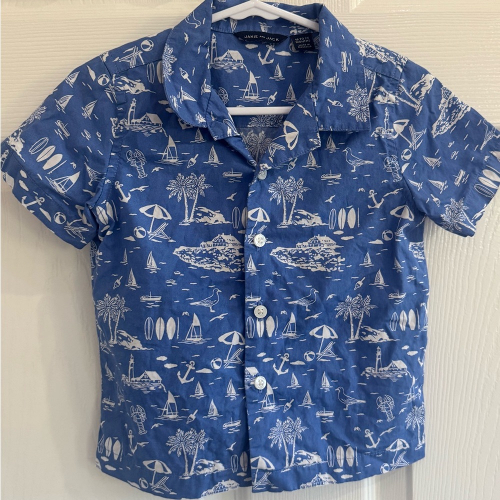 Janie and Jack Blue Kids Button Down Shirt with Nautical Print